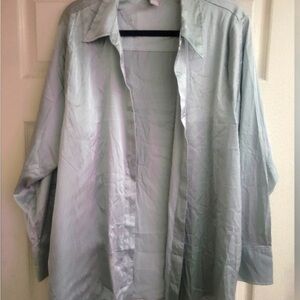 H&M Soft Green Silky V Neck Blouse Top Shirt Button Down XXL